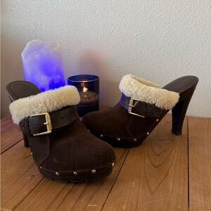 Michael Kors Dark Brown Mules with Shearling and Buckle